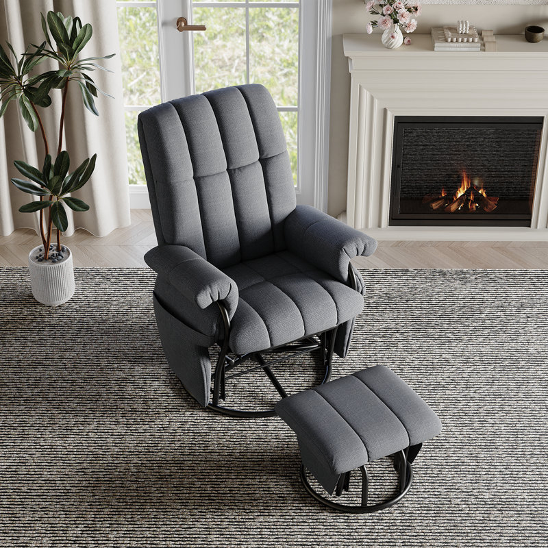 360°Swivel Glider Rocking Recliner Chair With Ottoman, Gray Linen