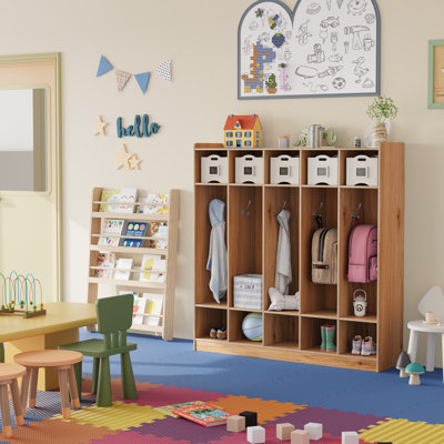 Casier de vestiaire en bois à 5 sections pour enfants avec 10 casiers et 10 crochets - Organisateur de rangement à plusieurs niveaux pour la maison, la chambre de bébé, l'école - Construction robuste - Couleur: planche originale multicouche