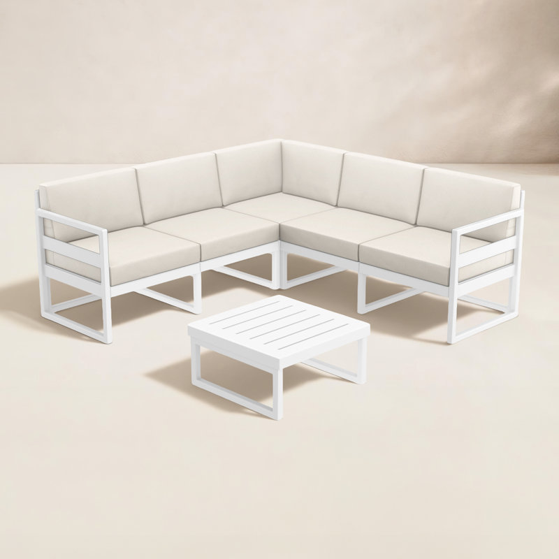 Lane 5 - Person Modular Patio Conversation Set with Cushions, White, Canvas Natural Sunbrella® Canvas