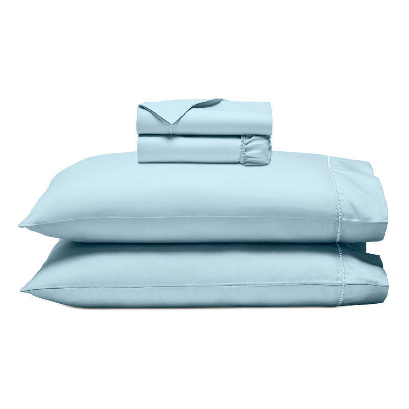 Imperia Cotton Blend 600 Thread Count Dash Stitch Embroidered Hem Deep Pocket Sheet Set, Blue, Twin 3pc Set