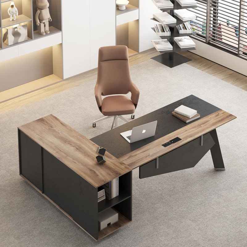 63 inches Executive Desk and 47" lateral File Cabinet, L-Shaped Desk with Storage Shelves and Doors, Modern Business Furniture Desk,Writing Table Computer Desk for Home Office