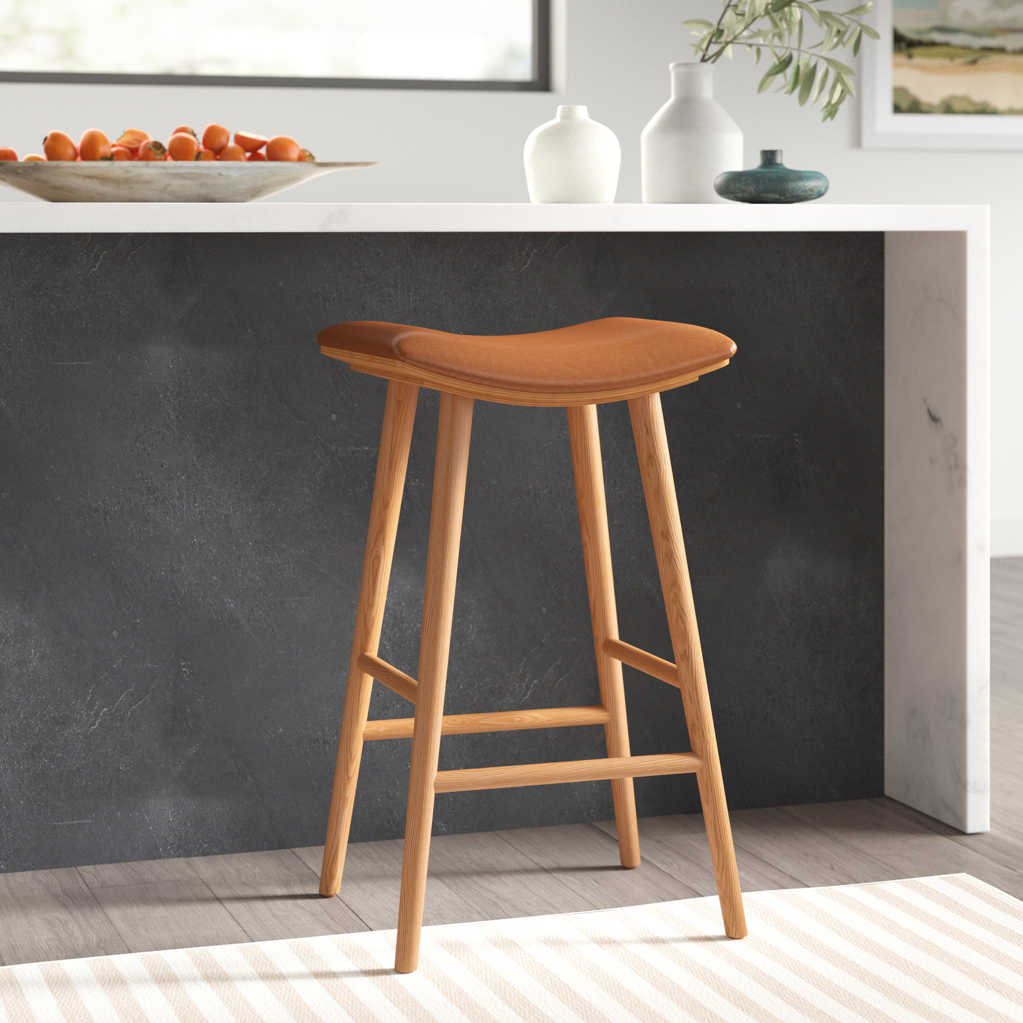 Schaeffer Solid Wood Stool, Faux Leather - Sierra Butterscotch/Smoked Natural, Counter Stool (26" Seat Height)