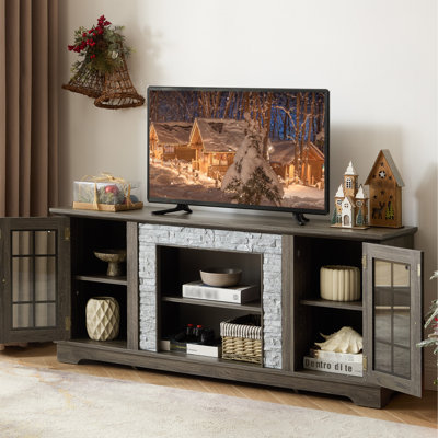 Grey 58.55'' Media Console With 2-Door Storage, Faux Stone Design, 3 Adjustable Shelves And Cable Management Cutouts 58" Entertainment Center In Grey,