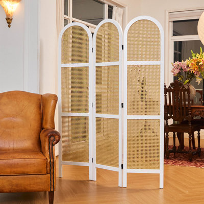 5.6 ft. Pine Wood & Hand-Woven Rattan Room Divider — Freestanding Privacy Screen in Japanese Modern Minimalist Style by Dakota Fields