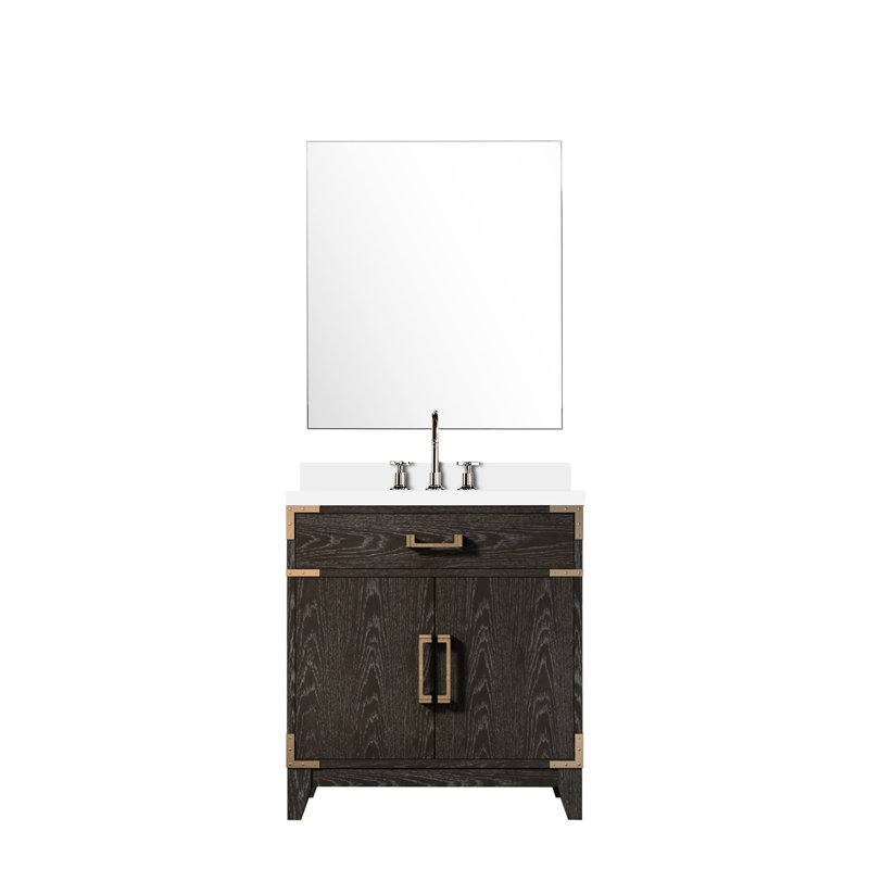 Meuble-lavabo en chêne brun 30 x 22, comptoir en quartz blanc poli, robinet simple l 30 po x P 22 po, comptoir, robinet, miroir