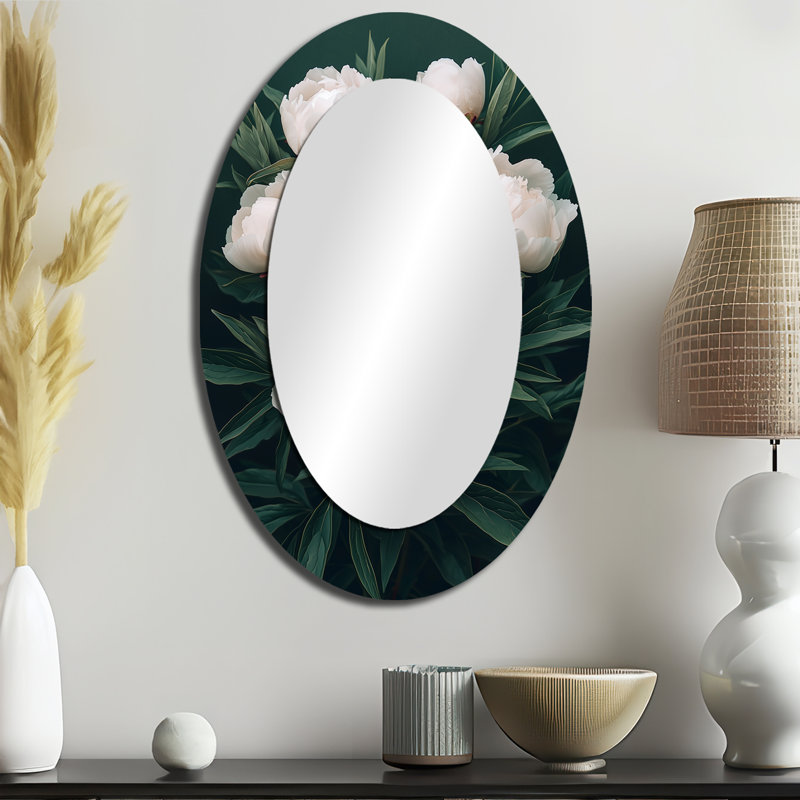Dark Bloom Of Peonies Petal Serenity II - Large Oval Wall Mirror On Metal, 36" x 24"