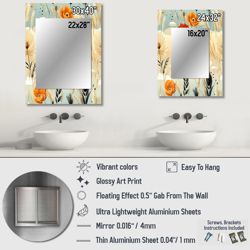 Motif bohème Fairlea beige Meadow Flowers - miroir décoratif floral, miroir mural floral, 40 po x 30 po
