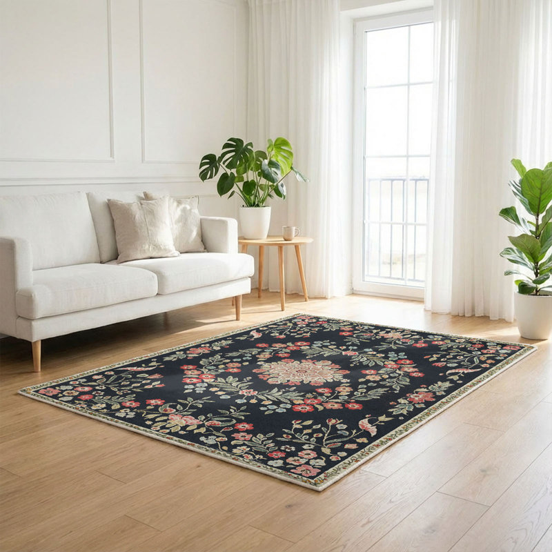 Black Floral Area Rug 5x7 Machine Washable with Non-Slip Backing for Bedroom, Living  Dining Room, Black