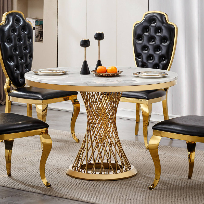 Table de salle à manger ronde en marbre, table de cuisine moderne avec plateau en faux marbre ultrabrillant et base en acier inoxydable pour la salle à manger, cuisine (seulement une table)