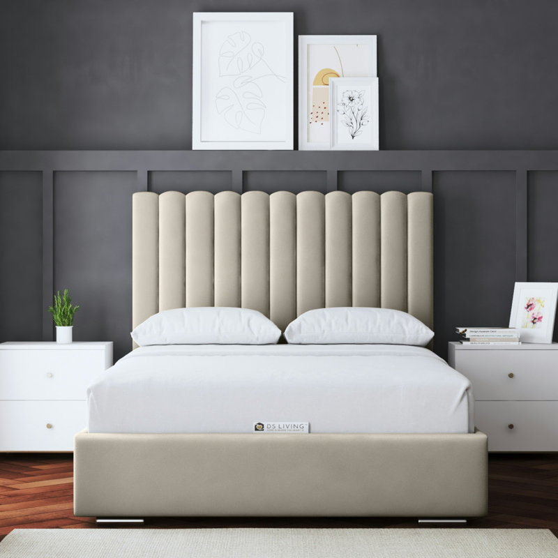  Panel Ottoman Bed with Headboard, Small Double (4'), Beige