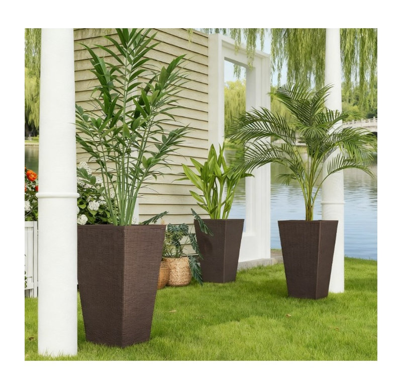 Ensemble de 3 grandes jardinières d'extérieur en polypropylène brun avec drainage