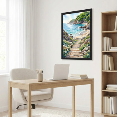 Coastal Pathway With Daisies And Ocean View Canvas Wrapped Wall Art Oil Painting Print Set Of 1