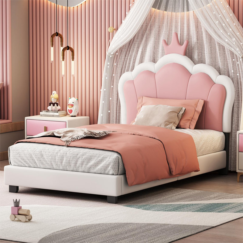 Amelia Upholstered Faux Leather Platform Bed, European Single (90 x 200cm), Pink