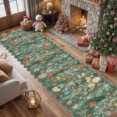 Hallway Washable Rug: Stain Resistant Floral Scalloped Rug for Kitchen Entryway Farmhouse Soft Carpet for Bathroom Bedroom Thin Laudry Living Room Floor Mat with Non Slip Backing