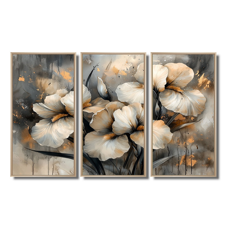Jaune et gris iris Desire II - art mural iris - ensemble de 3, H 28 po x l 36 po, Impression encadrée sans passe-partout