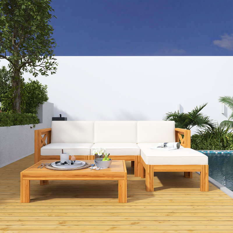 Ensemble de conversation modulaire d'extérieur en bois pour patio 5 pièces avec table, fini naturel et coussins beiges