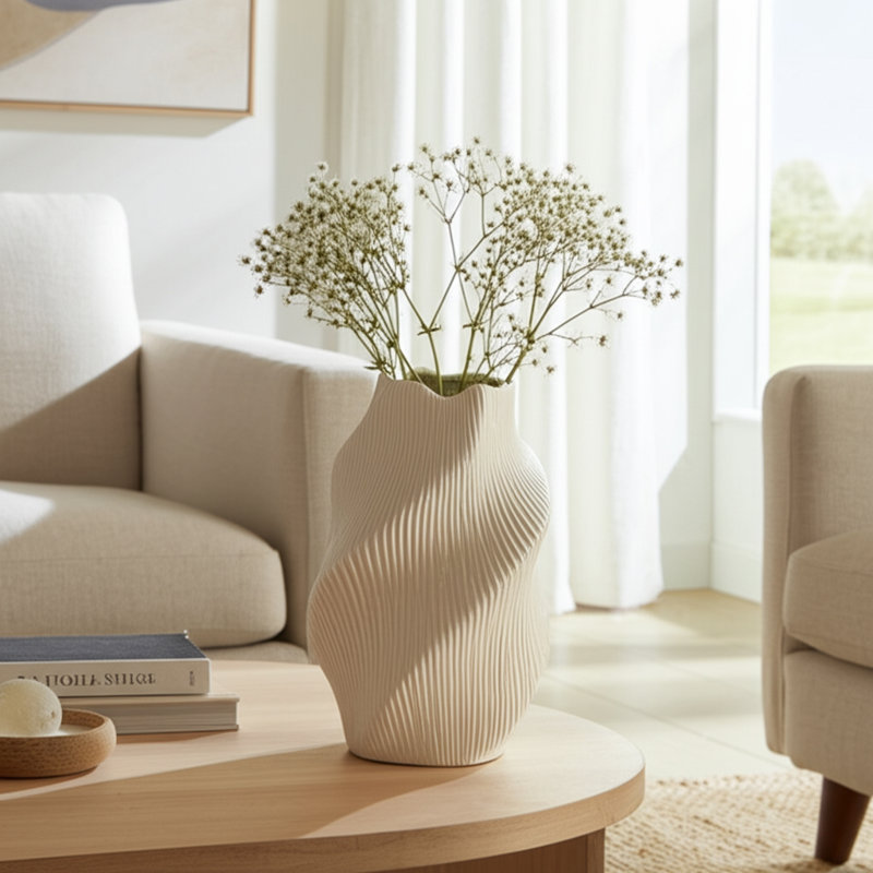 Vase sculptural en céramique sculpté pour table, H 11 po x l 11 po x P 11 po, Crème, crème
