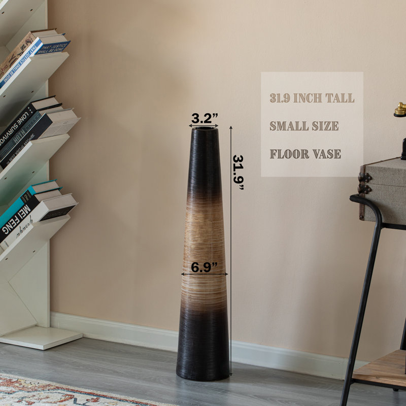 31-Inch Tall Handcrafted Brown Ceramic Cylinder Floor Vase