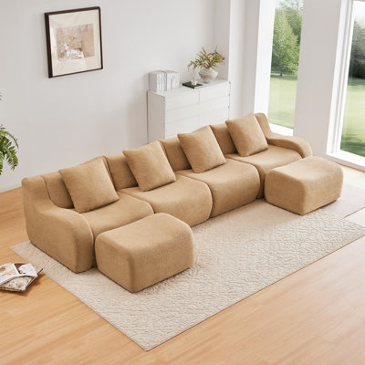 148" W U-Shaped Teddy Fabric Curved Armrests Oversize Sofa, 4-Seat And 2 Chaise No Assembly 32D High Density Sponge Boneless Couch
