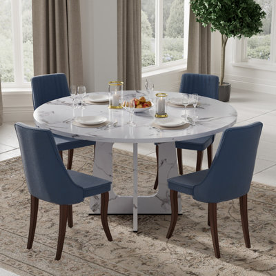Round Modern Farmhouse Wooden Dining Set with Linen Upholstery Dining Chair Set for Dining Room