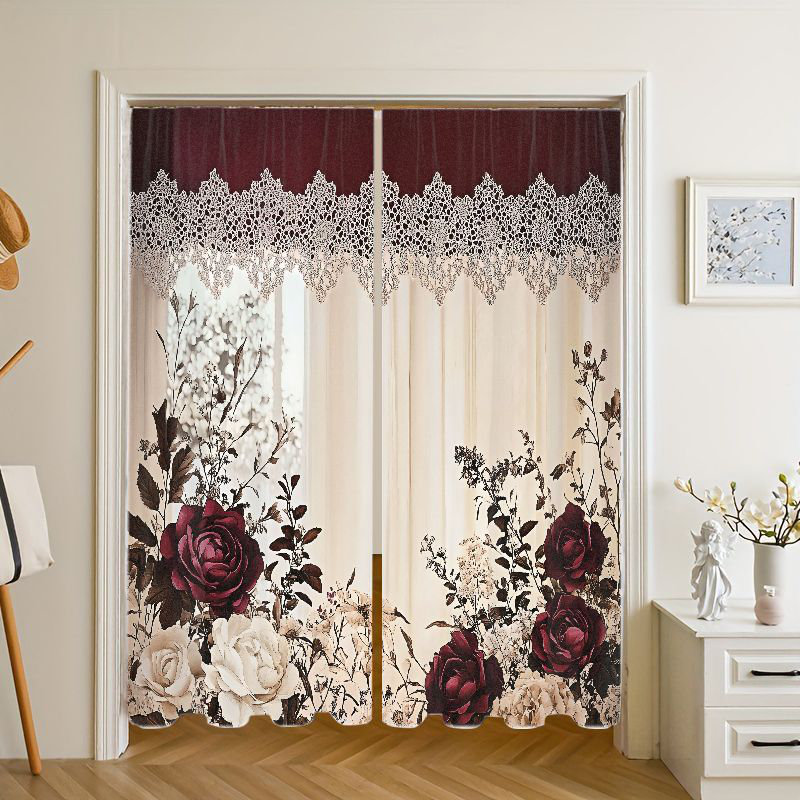 2Pcs Rose Floral Print Curtains Rod Pocket Design Light Filtering Privacy Window Treatments Vintage Elegant Lace Border Polyester Fabric Panel Drapes for Bedroom Living Room Office Home Decor Romantic Garden Style