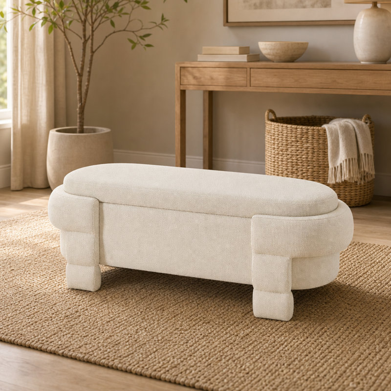 Banc de rangement moderne avec repose-pieds ovale en chenille beige, assise rembourrée de 48,8 po pour la chambre et le vestibule