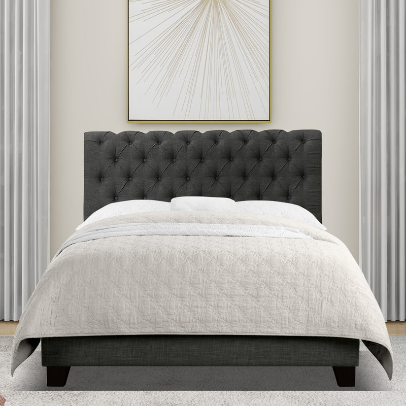 Lit tapissier en tissu, base de lit à hauteur réglable capitonnée, Double, Noir