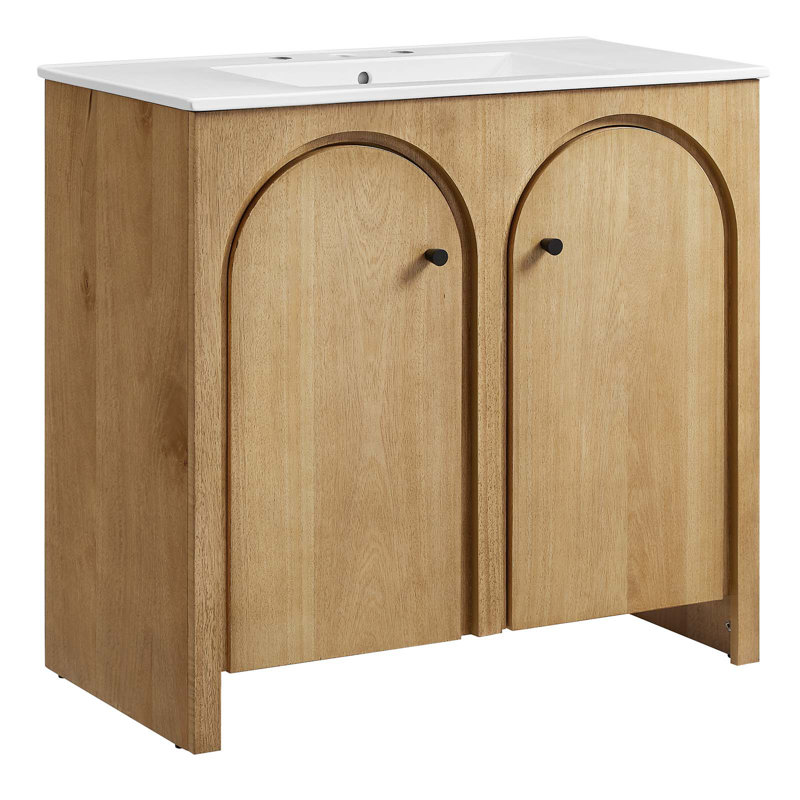 Modway Appia 36'' Single Bathroom Vanity with Ceramic Top, Oak, White