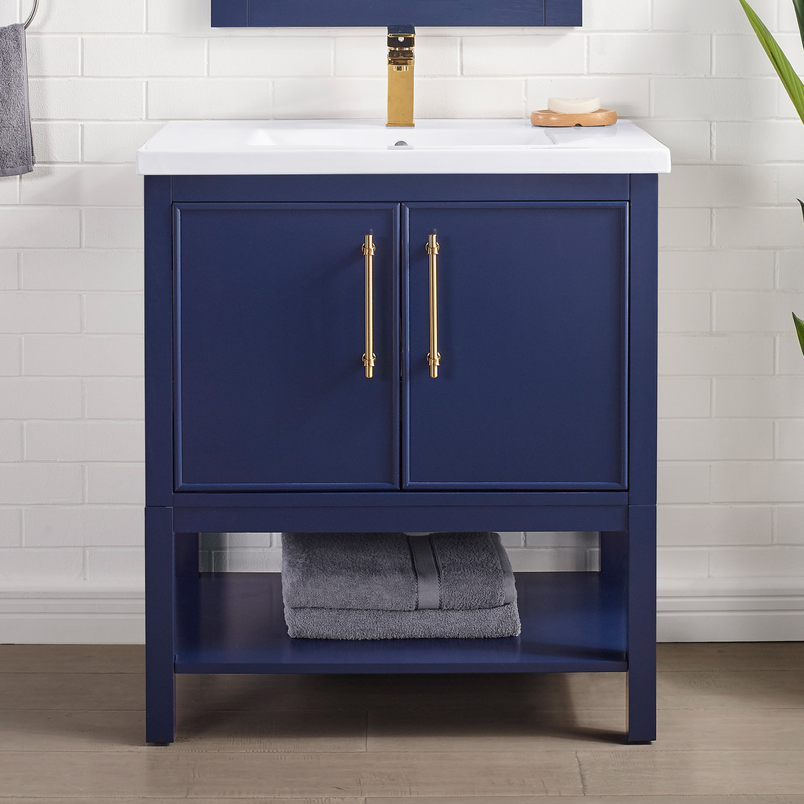 Jewell 30'' Single Bathroom Vanity, Navy Blue/Antique Brass