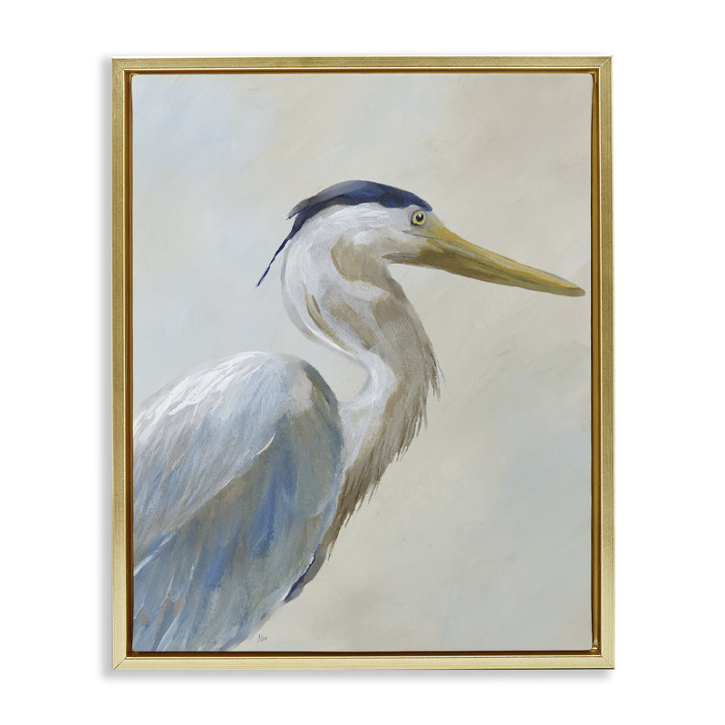 Portrait d'un héron regardant à droite, Cadre flottant métallique doré, H 31 po x l 25 po