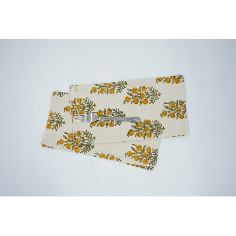 Fabdivine 18X18 Inch Block Print Floral Napkin - Handcrafted Design for Beautiful Tables, Hjara, Yellow