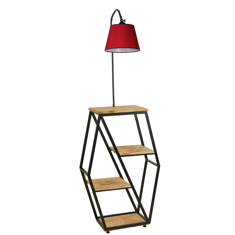 Lampe sur pied moderne avec structure en métal et bibliothèque 100% bois de sapin, hauteur 65,0 pouces | Peinture électrostatique séchée au four, couleur rouge | Douille E27, 40 W maximum | Éclairage élégant et rangement fonctionnel pour la décoration intérieure