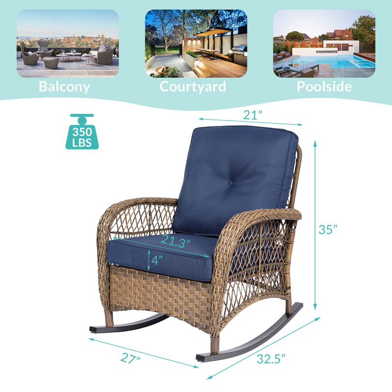 Navy Blue Cushioned Outdoor Wicker Rocking Chair Set