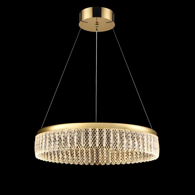 Single tier LED pendant in a gold finish and delicate lattice detailed crystal glasses with scalloped edge.