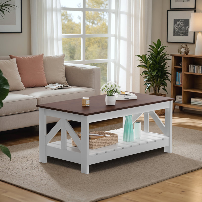 Table basse 39 po rectangulaire avec rangement, Blanc, Brun