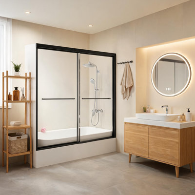 Porte de douche de baignoire semi-encadrée en métal noir de 50 à 60 pouces avec panneaux coulissants à ouverture latérale