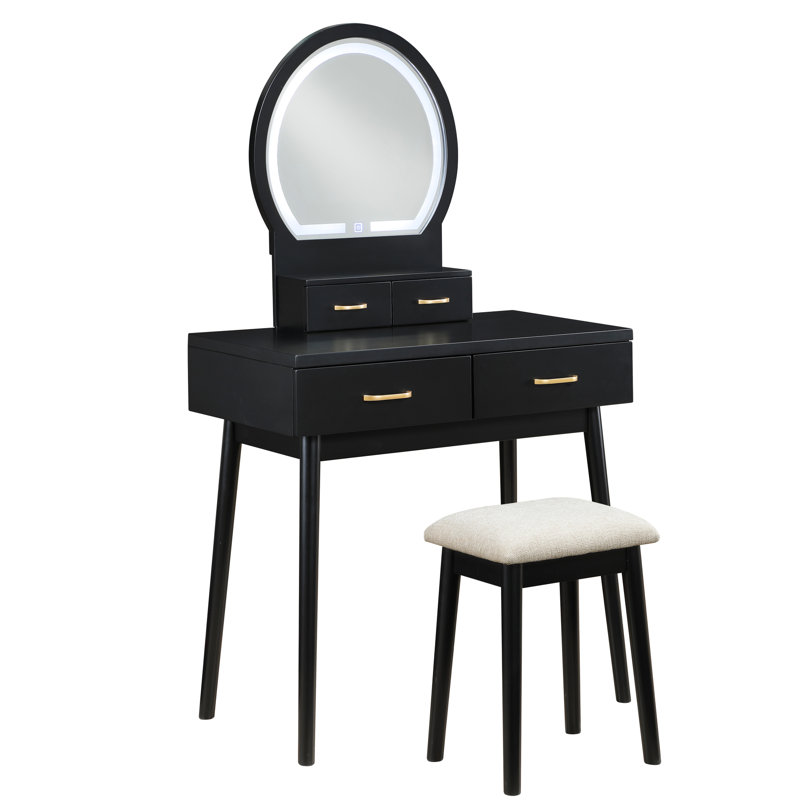 Meuble-lavabo exquis et fonctionnel avec finition noire, 4 tiroirs, miroir à DEL, tabouret pour commode de style chambre à coucher de luxe