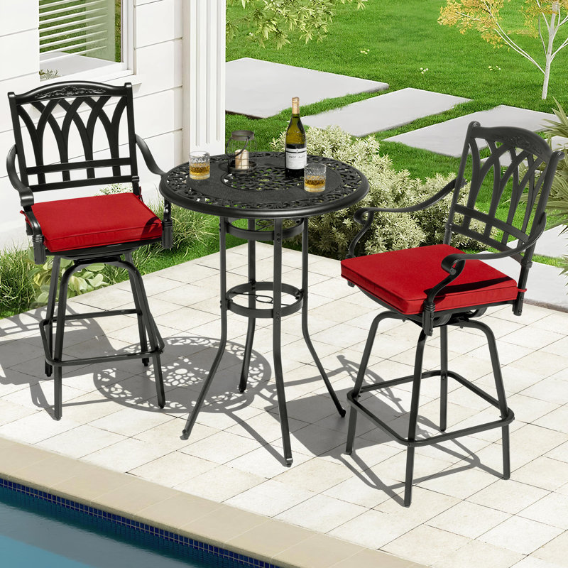 Ensemble de 3 barres pivotantes en aluminium coulé avec trou pour parasol et coussins en oléfine