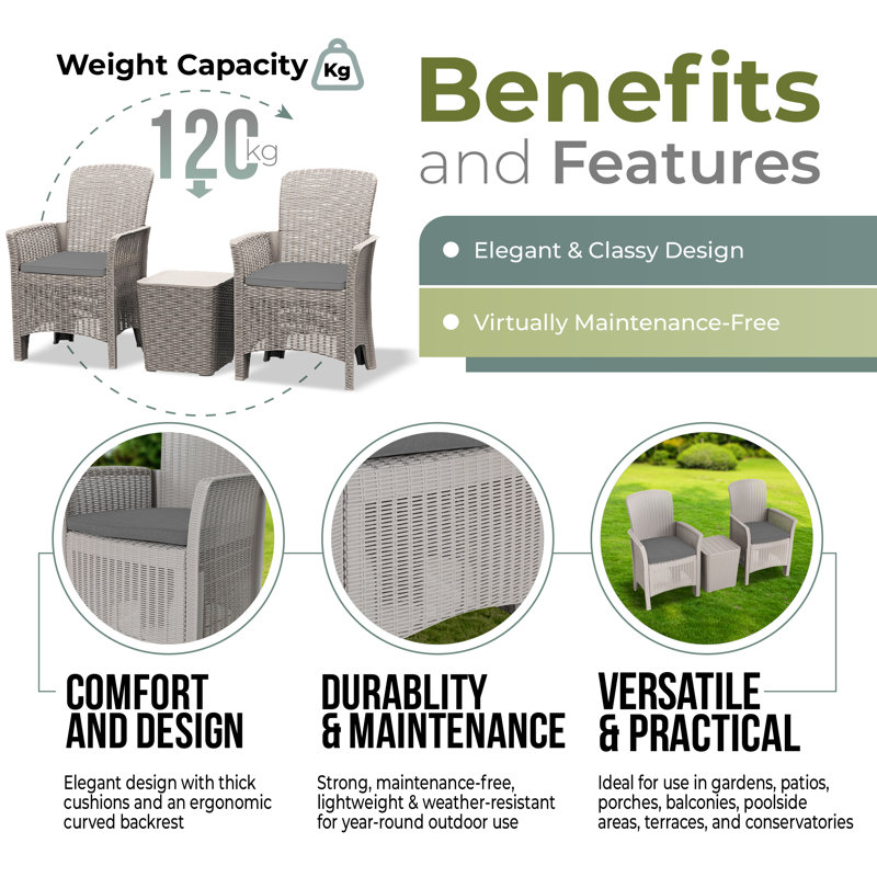 Marjo Plastic 3-Person Seating Group with Cushions, Gray