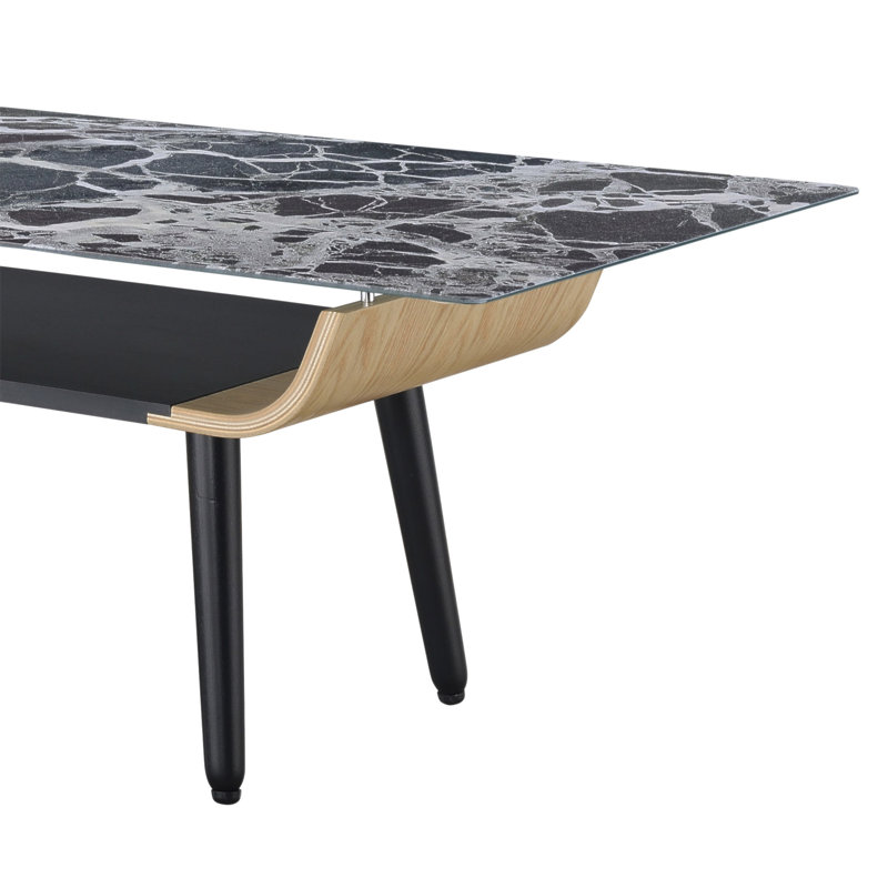 Table basse Landon de 47 po avec plateau en verre marbré noir et bois cintré, Noir