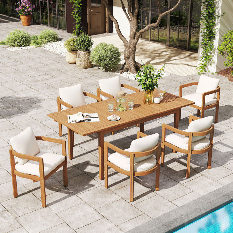 6 - Person Acacia Wood Patio Dining Set With Extendable Rectangular Table , Cushions Included
