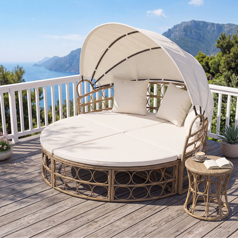 Lit de jour rond d'extérieur avec coussins moelleux rétractables pour le jardin - blanc