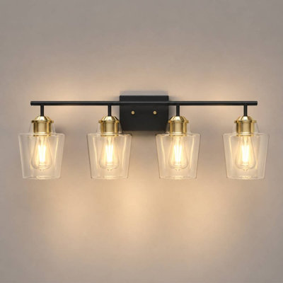 Miroir de salle de bain 30,5 po à 4 lumières câblées avec miroir pour salle de bain style moderne noir et laiton clair