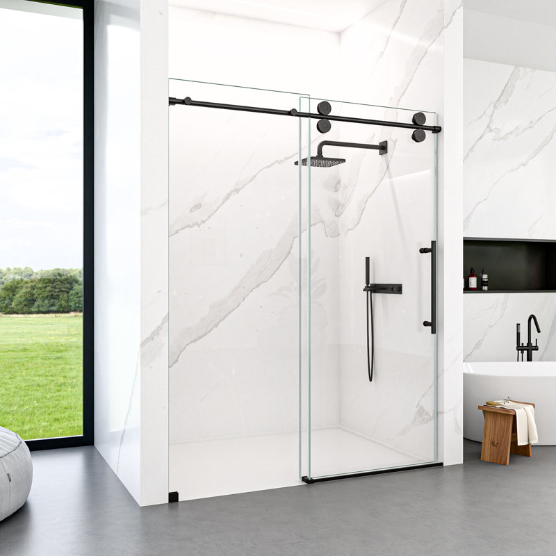 Porte de douche coulissante simple sans cadre de 44 à 48 po x H 76 po - Verre trempé transparent de 5/16 po (8 mm), conception de dérivation avec finition noir mat