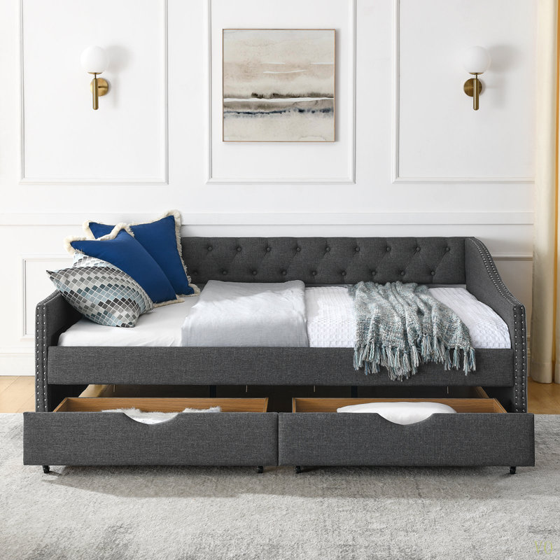 Full Size Daybed With Drawers Upholstered Tufted Sofa Bed, With Button On Back And Copper Nail On Waved Shape Arms(80.5''X55.5''X27.5'')