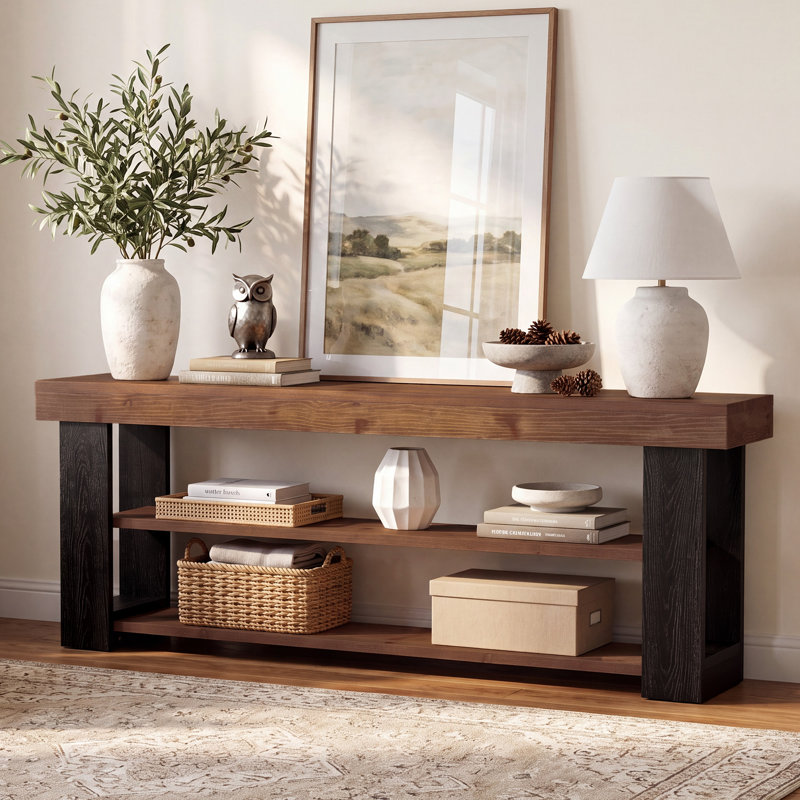 63" Solid Wood Low Console Table with Open Storage Shelves
