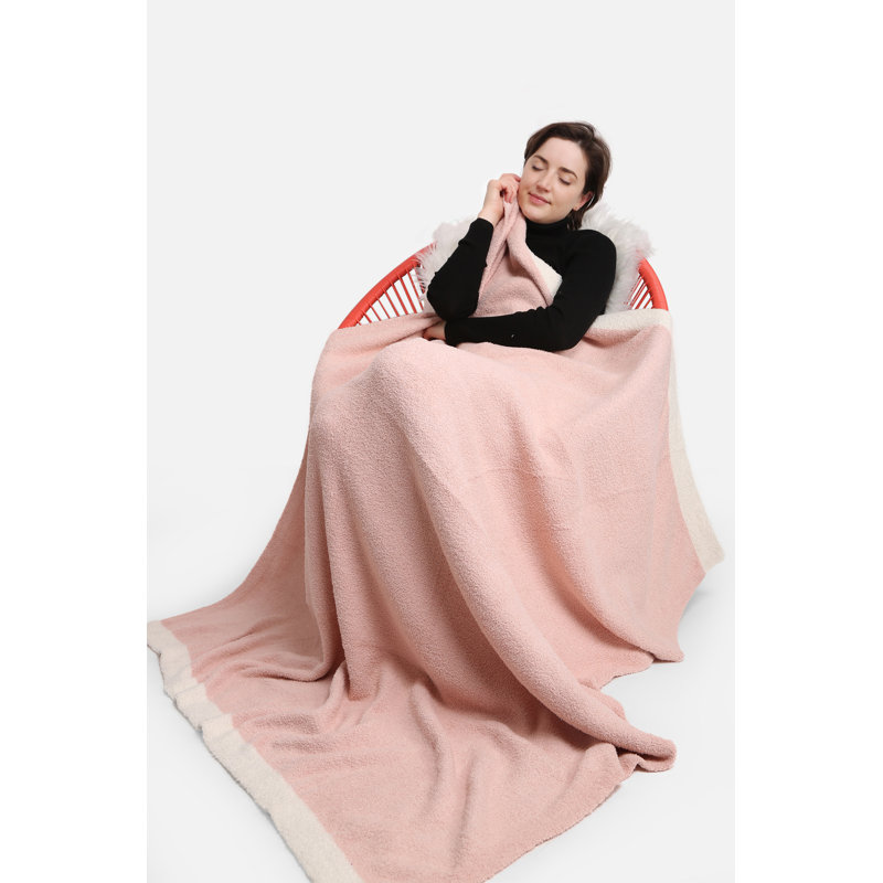 Jeté de luxe uni de couleur unie avec bords colorés , Rose