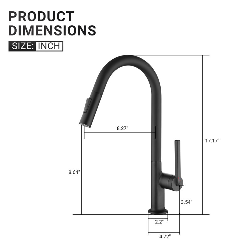 Robinet de cuisine monocommande à grande arche avec débit de jet à deux fonctions, Noir mat
