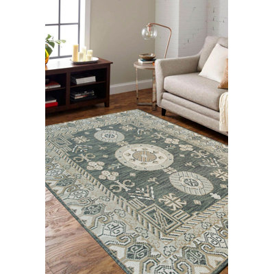 Green Hand-Knotted Wool Linked Medallions Geometric Modern Contemporary Carpet Rug