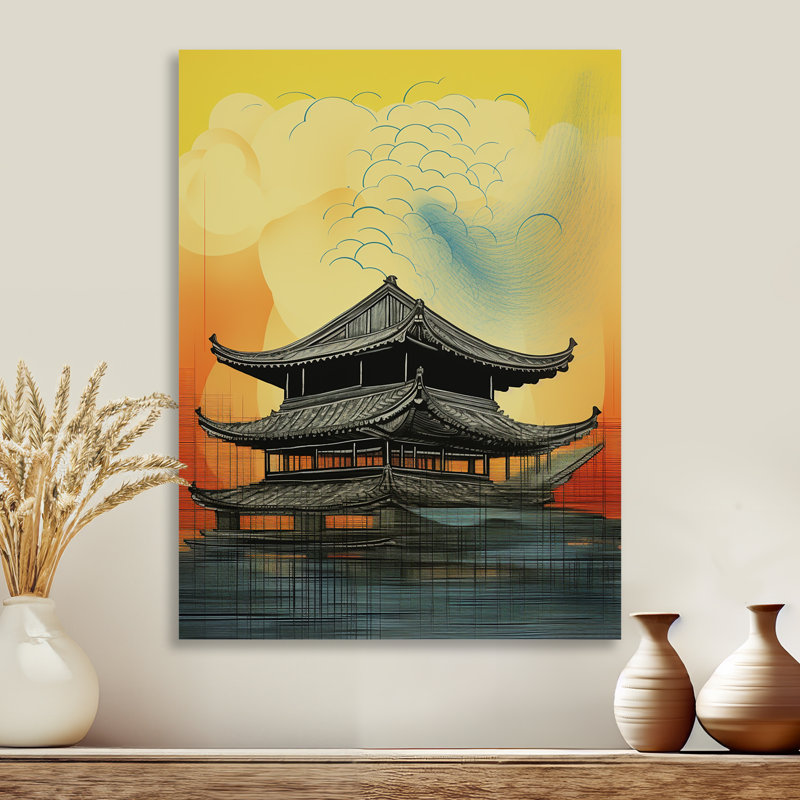 Illustration rétro japonaise rétro de Pagode - Art mural de bâtiments de la ville, Sans cadre, H 32 po x l 24 po